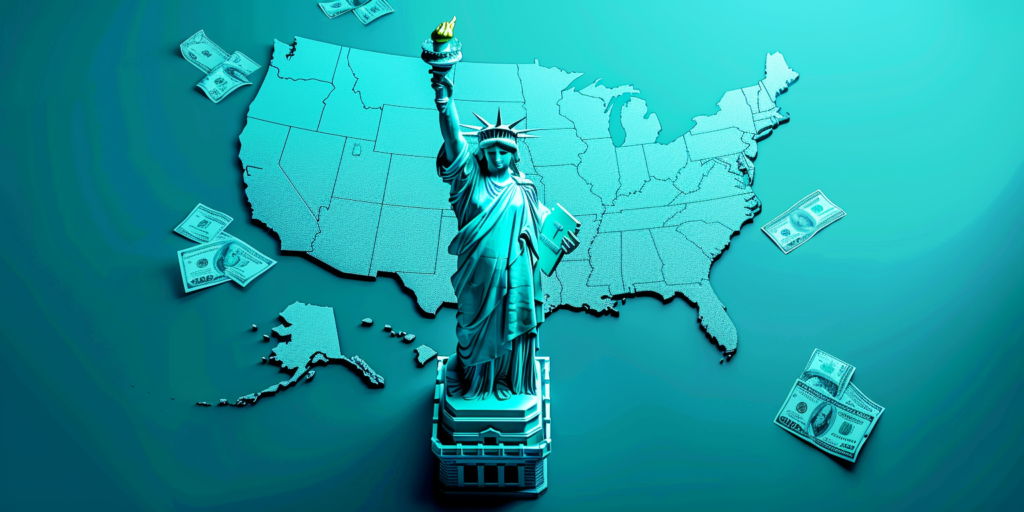 Map of the USA, Statue of Liberty, and US dollar bills in turquoise overlay.