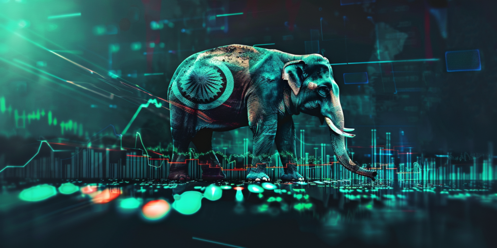 Elephant overlayed with Indian flag, in a dark background with subtle market chart graph.