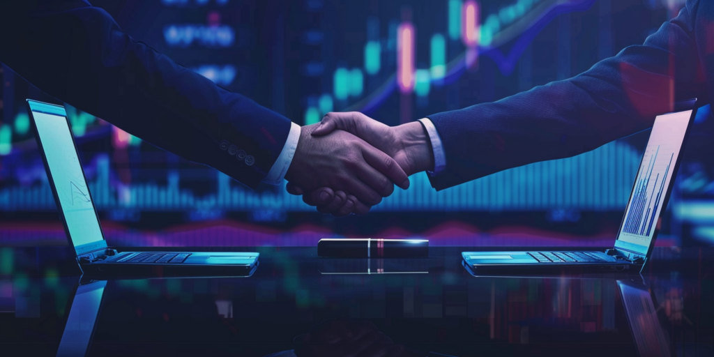 A trader and a broker shaking hands sealing the deal.