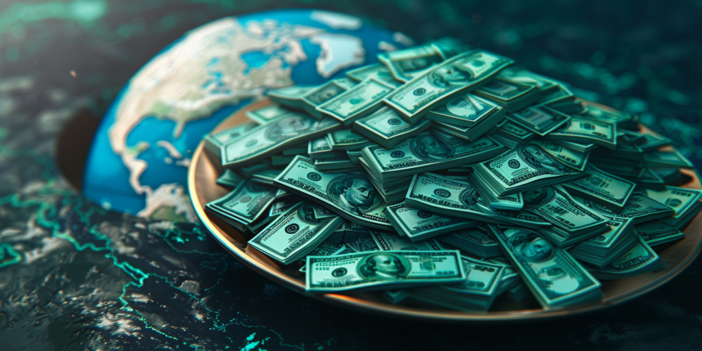 A plate full of US dollar bills on top of a  globe symbolizing bond indices.